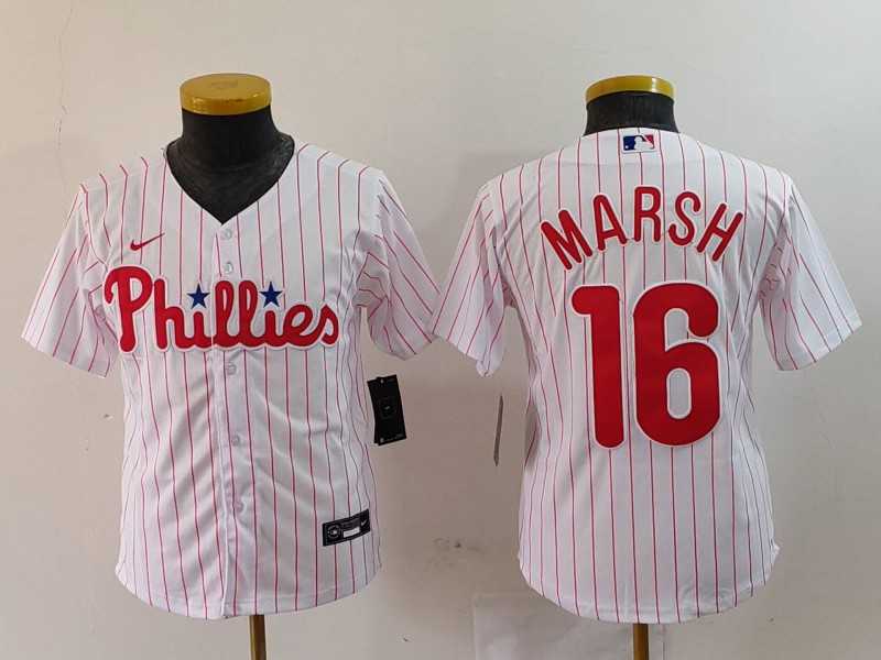 Youth Philadelphia Phillies #16 Brandon Marsh White Pinstripe Stitched Cool Base Jersey